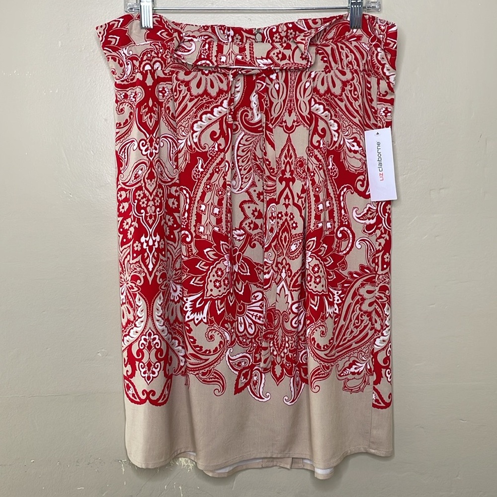 LIZ CLAIBORNE Skirt Red & Tan Paisley Paper Bag Waist Attached Belt Rayon - Picture 11 of 11